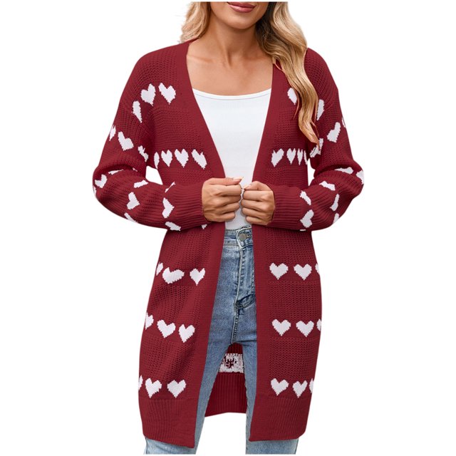 HongQid Women's Long Sleeve Cute Cardigan Sweaters V Neck Open Front Ribbed Knit Sweater Coat