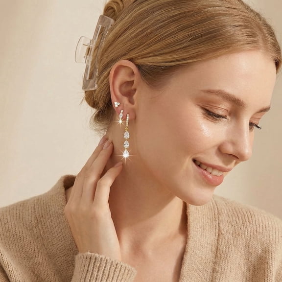 3 Pairs Gold Earrings Set for Multiple Piercings, Hypoallergenic CZ Studs Hoop Dangle Earrings Stack, Sensitive Ears Safe Jewelry Gift for Women