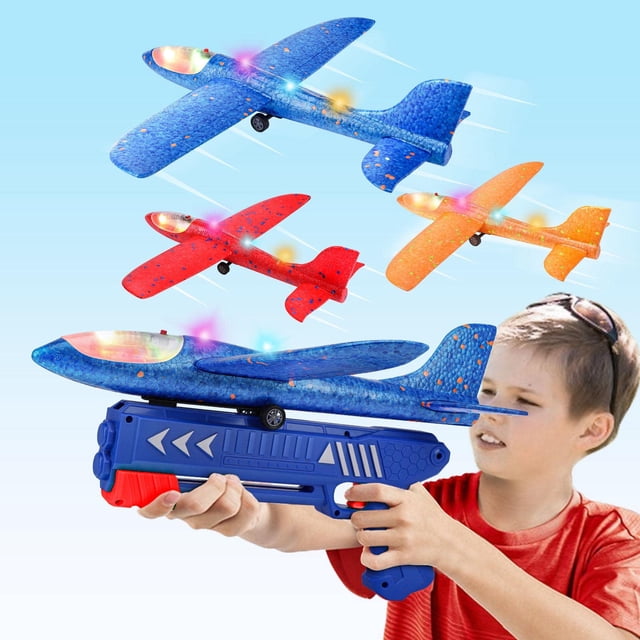 Lanzador de aviones de juguete, paquete de 3 unidades con planeador de espuma y luces LED