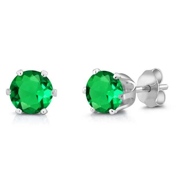 Gem Stone King Green Nano Emerald Rhodium Plated Stud Earrings for Women Men | 1.54 Cttw | Gemstone May Birthstone | Round 6MM