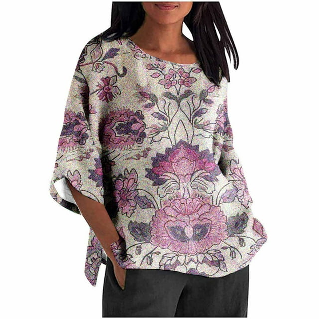 Mujeres 3/4 Manga Tops Y Blusas de Impresión Suelta Camisa Cortada, Casual Cuello Redondo Blusa para la Primavera Y el Verano