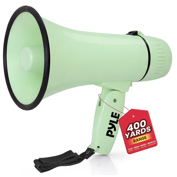 Lightweight and Portable Bullhorn Megaphone, Aux (3.5mm) Input for MP3/Music, Automatic Siren, 20-Watt, MIC/TALK (Green)