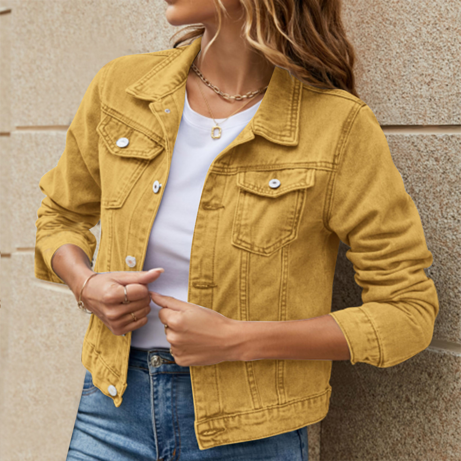 iOPQO womens sweaters Women's Basic Solid Color Button Down Denim Cotton Jacket With Pockets Denim Jacket Coat Women's Denim Jackets Yellow XXL - image 2 of 8
