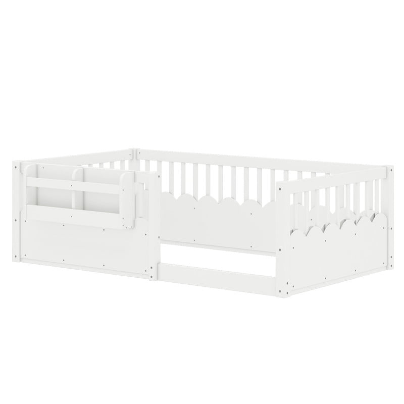 Twin Size Floor Bed with Heightened Fence, Kids Platform Bed Frame with No Slat, Montessori Storage Bed with Bookshelf