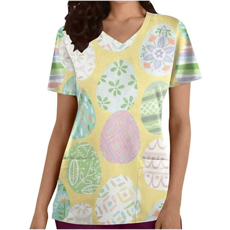 

Taqqpue Easter V-Neck Short Sleeve Scrub Tops for Women Plus Size Cute Easter Eggs Bunny Rabbit Print Blouse Casual Pockets Nurse Working Uniform Workout Tops Workwear T-Shirts with Pockets