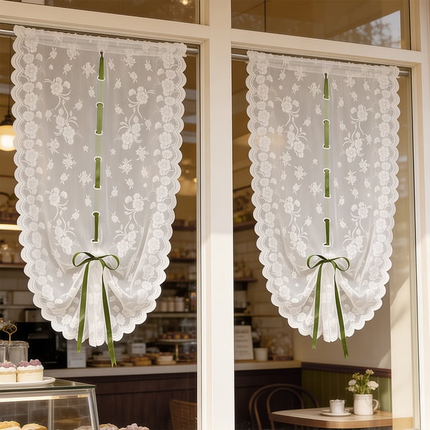 Cortina con Fruncido de Doble Capa Floral con Bolsillo para Varilla, Encaje Translúcido y Opaco, Poliéster, Blanco, Múltiples Tamaños para Dormitorio, Sala de Estar, Cocina