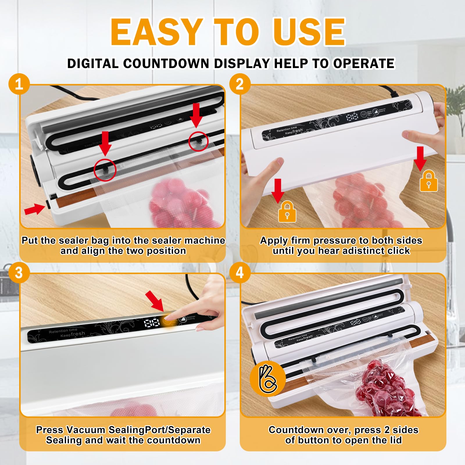 Food Vacuum Sealer Machine, 60KPA Strong Suction, Dry/Wet Modes, 20 Vacuum Seal Bags for Food, Digital Countdown Timer, Compact Lightweight, Ideal for Home Kitchen Use（white8.5*9.5*4cm）