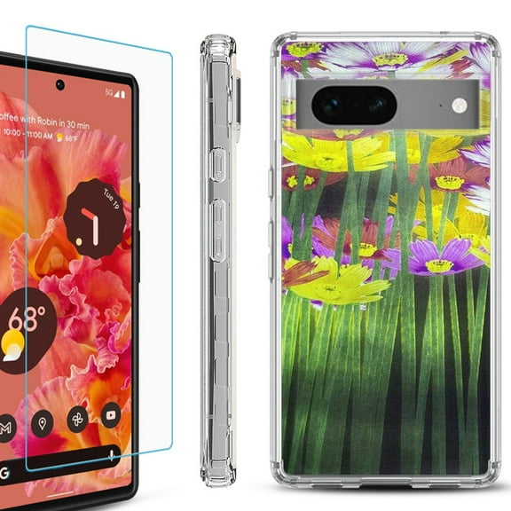 Shockproof Bumper Phone Case for Google Pixel 7, with Tempered Glass Screen Protector, by OneToughShield ® - Dream Flower