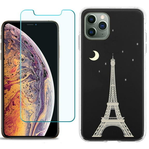 For Apple iPhone 11 Pro Case , Slim-Fit TPU Protective Phone Case with Tempered Glass Screen Protector, by OneToughShield ® - Eiffel Tower Moon