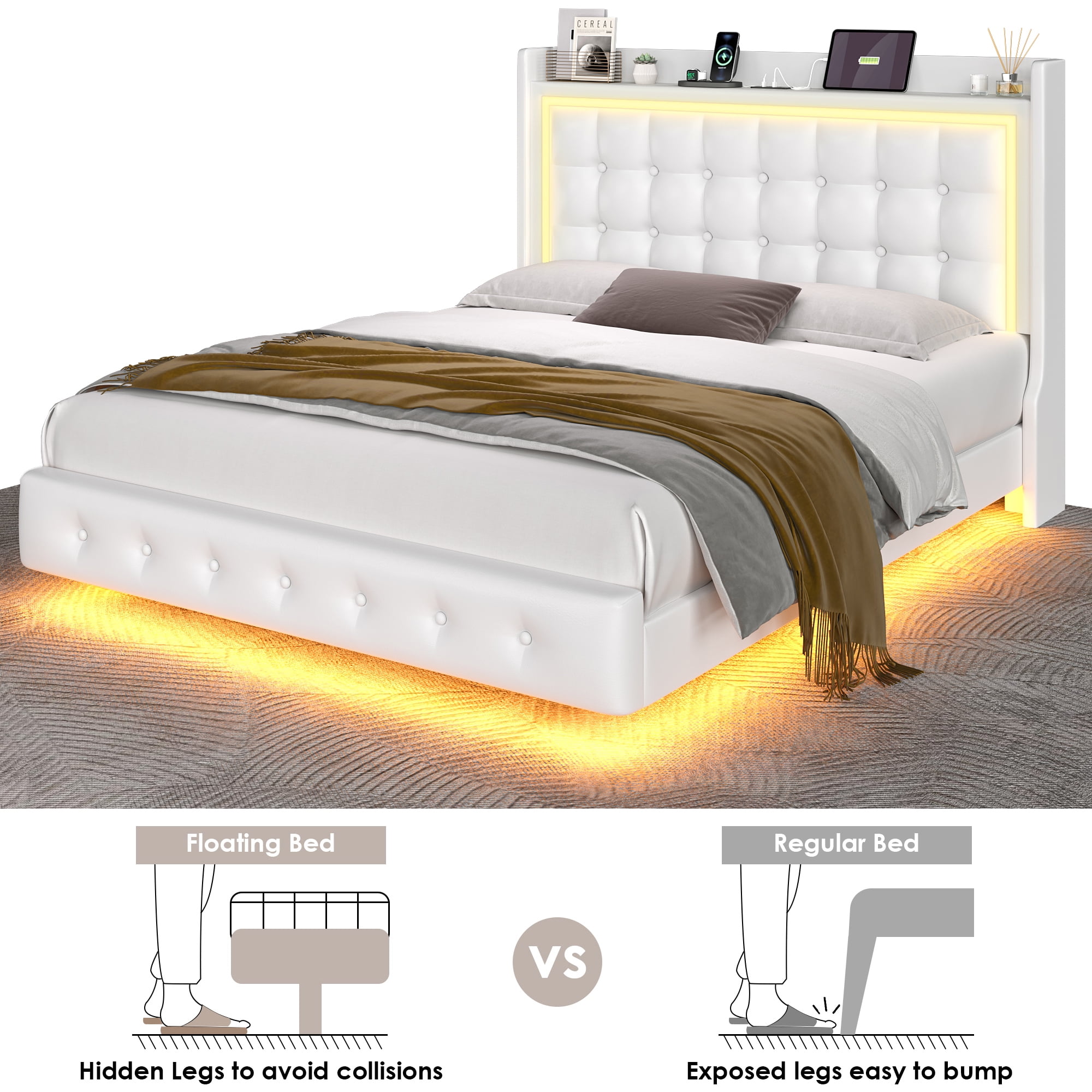 Homfa Full Size Floating Bed with LED Lights Charging Station, Modern PU Upholstered Platform Bed with Storage Headboard, White
