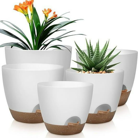 ZYNERY Set of 5 Self Watering Planters with Drainage Holes and Saucers, with Absorbent Rope, for Indoor Plants Flowers Outdoor Windowsill Gardens   5 sizes (5/5.5/6/6.5/7 inches)
