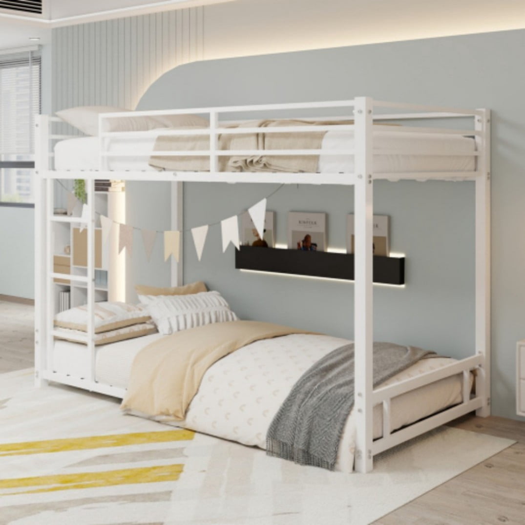 Twin Over Twin Metal Bunk Bed, Heavy-Duty Frame with 13" Guardrails, 3-Step Ladder, Noise-Reduced Slats, No Box Spring, White