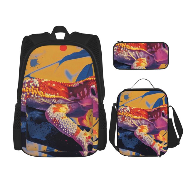 Balery Colorful Gecko Jungle Art Mochila Escolar 3 en 1 para Niños - Mochila Resistente con Lonchera Térmica y Estuche - Mochila Escolar para Niños y Niñas
