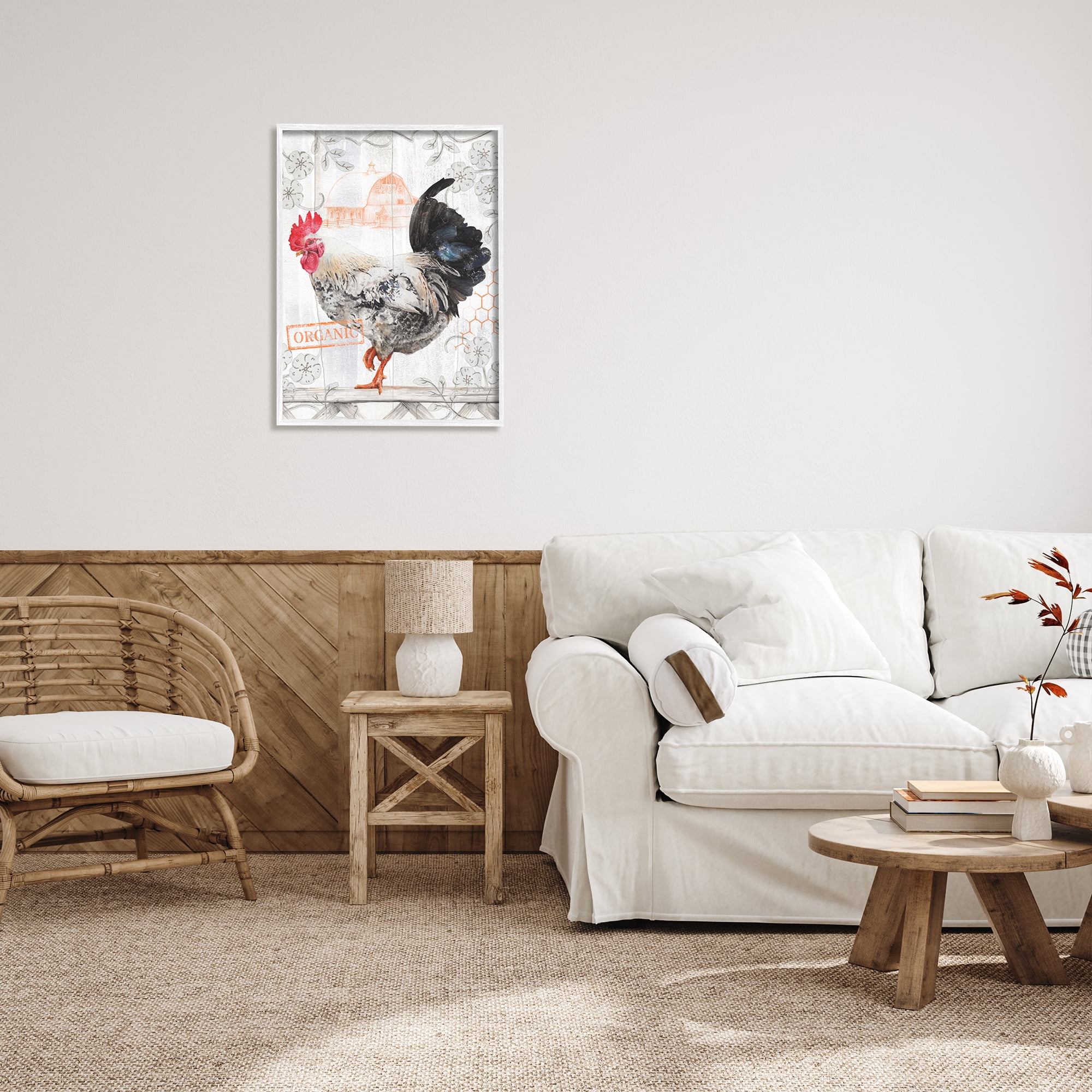 Stupell Industries Organic Pattern Rooster Animals & Insects Painting White Framed Art Print Wall Art, 24 x 30