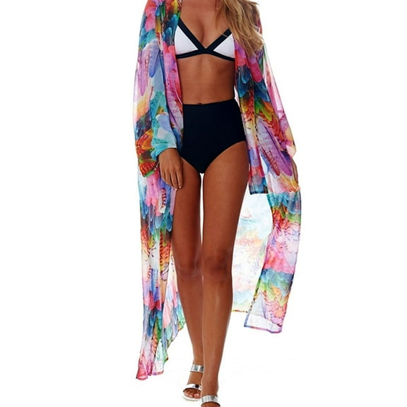 Womens Beach Vacation Swimsuit Cover Up Rainbow Colored Feathers Digital Printed