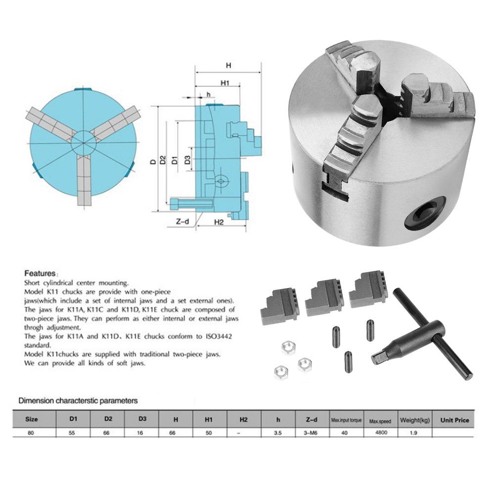 Tebru Lathe Chuck, Metal Lathe Chuck, K1180 3Jaw SelfCentering Metal Lathe Chuck With Extra