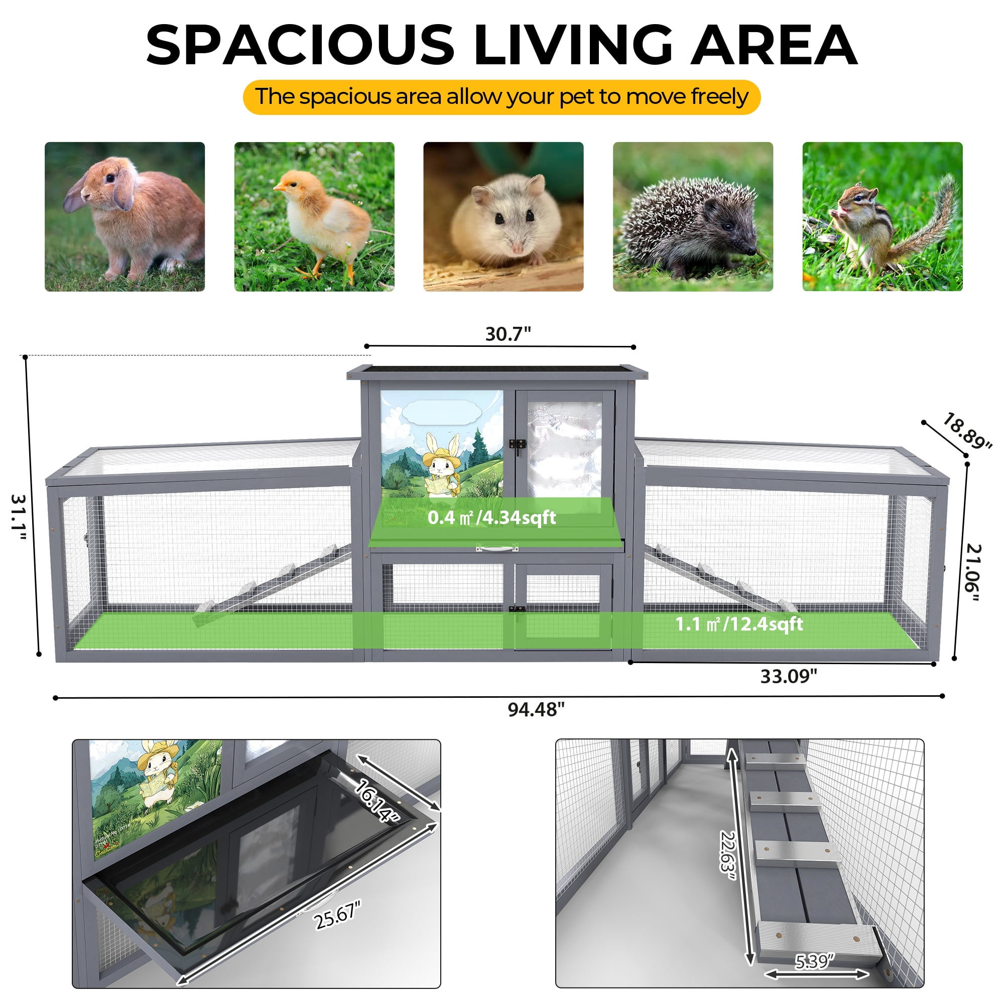 Insulated Outdoor Wood Rabbit Hutch Small Animal Enclosure House Pet Shelter Gray with Colorful Patterns