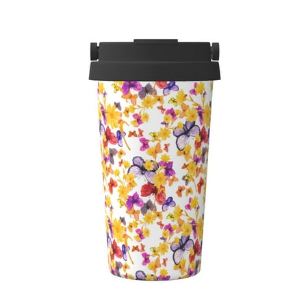

Qekee flowers and flying butterflies Print Insulated Coffee Mug Coffee Tumbler Cup Thermos Mug Water Bottle with Handle & Flip