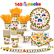 Syncfun 145 Pcs Kids Birthday Party Supplies with Truck Banner 24 Serves Disposable Tableware Set with Plates, Cups, Napkins & Cutlery, Construction Theme Party Decoration for Boys