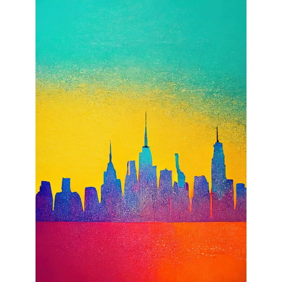 Bright Colourful Abstract New York Skyline Cityscape Yellow Blue Coral Turquoise Unframed Wall Art Print Poster Home Decor Premium