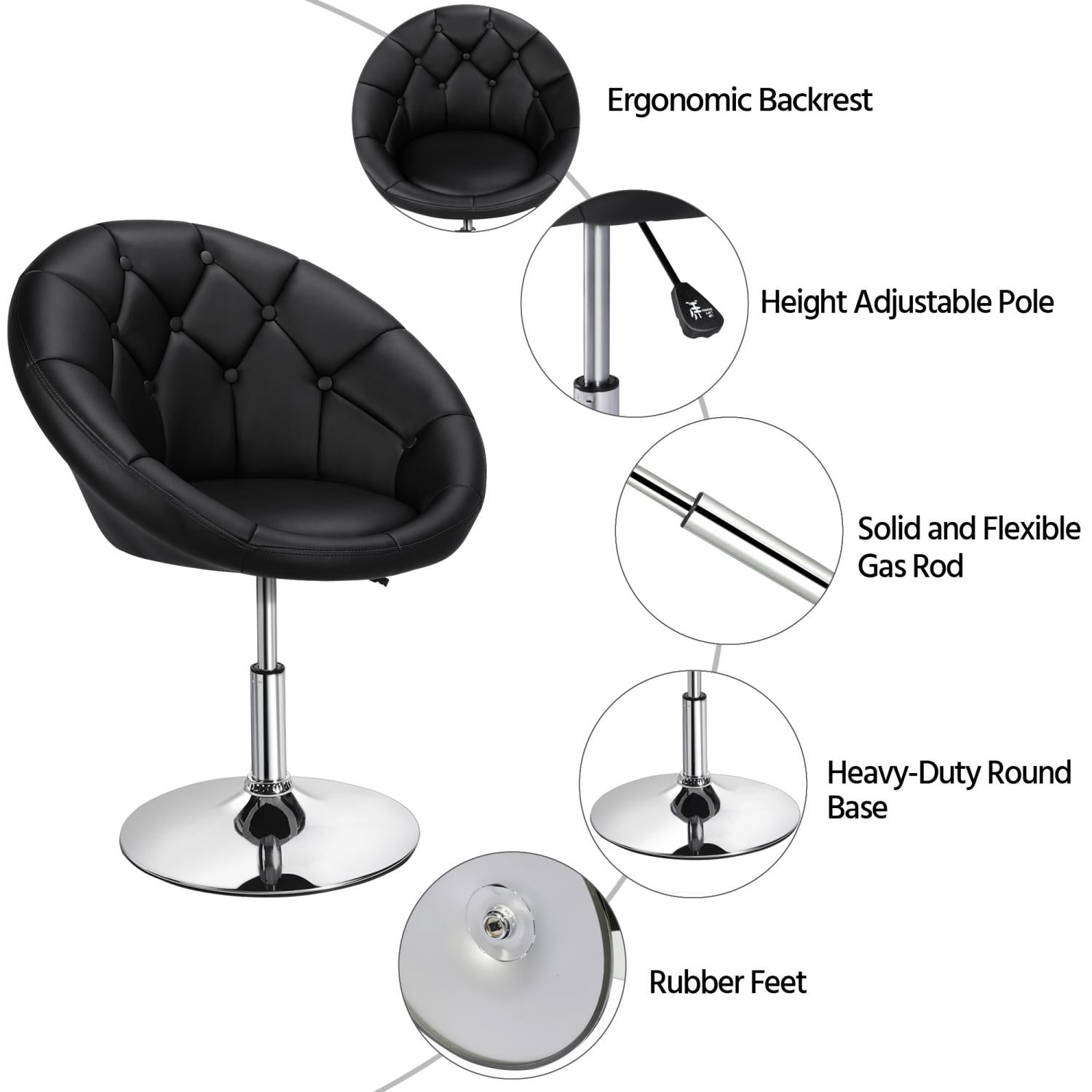 Alden Design Modern Tufted Adjustable Barrel Swivel Accent Chair, Black Faux Leather