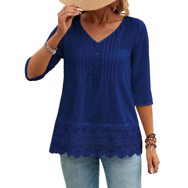 Camisas Y Tops de Verano de Mujer Estilo Bosque Francés Camisa de Bordado Hueco Cuello Redondo de Poliéster Camisas de Manga Corta para Mujeres Verano