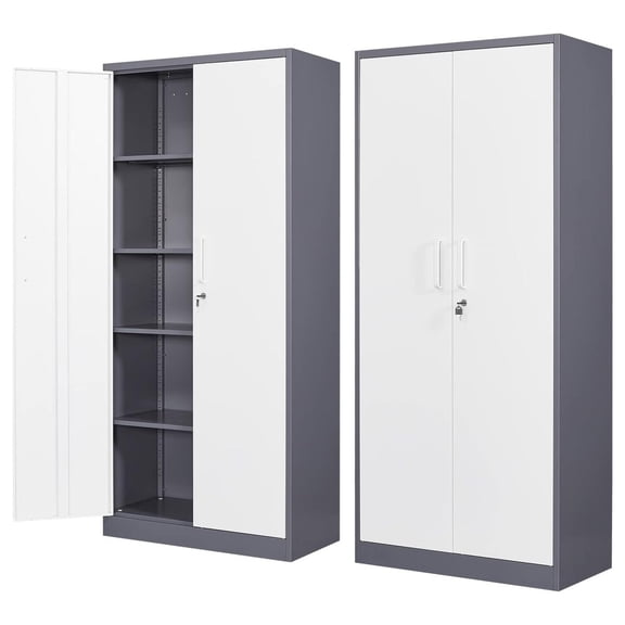 Drevy Metal Garage Storage Cabinet with Lock, 71" Steel Lockable File Cabinet, Locking Steel Storage Cabinet with 4 Adjustable Shelves for Home, Office, Warehouse, Garage, School (White Grey)