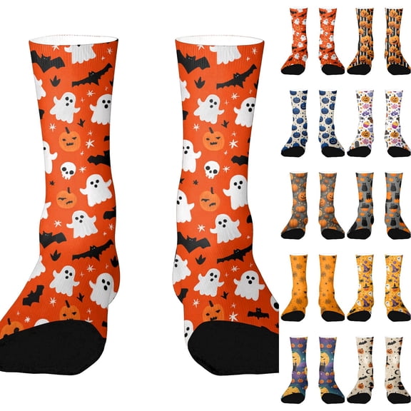 Halloween Socks Funny Halloween Pumpkin Novelty Crazy Crew Socks for Men Women Casual Athletic Breathable Mid Calf Anti Slip Socks Purple