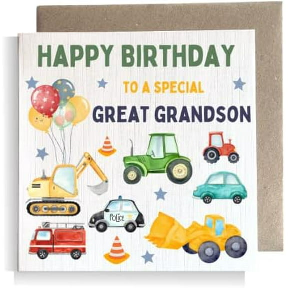 Second Ave Digger Great Grandson Children's Kids Baby Tractor Car Square Card For Boy Birthday$$Office
