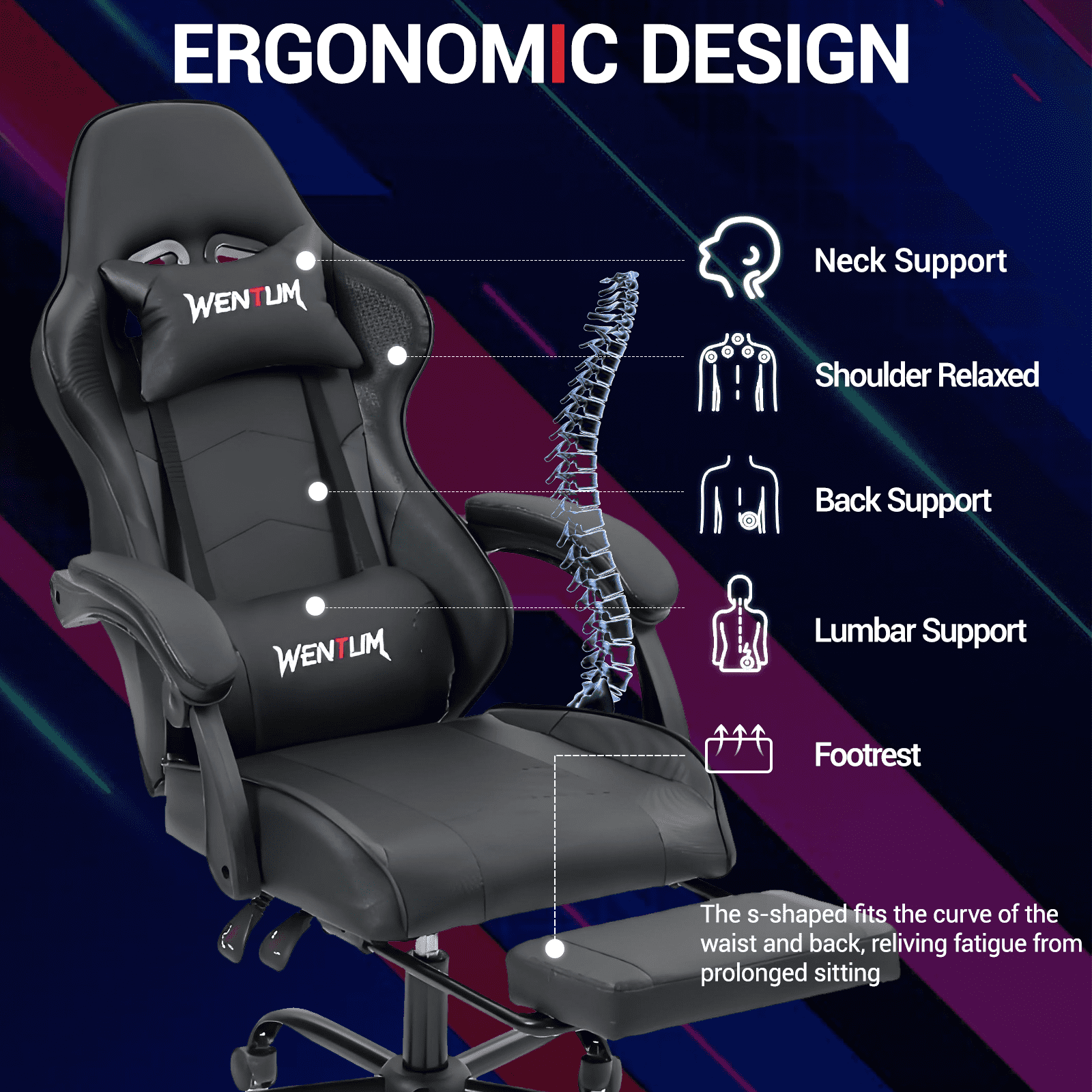 WENTUM  Ergonomic Reclining Gaming Chair with Linkage Armrests & Footrest, Racing Office Chair, PU Leather Computer Desk Chair, Black