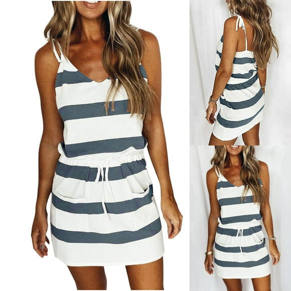 CEHVOM Women's Summer Fashion Striped V-neck Striped Waist Halter Sling Dress