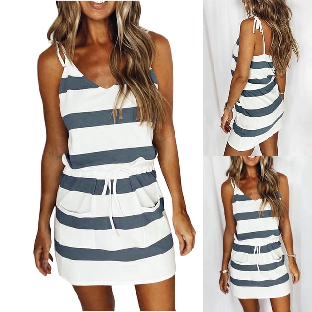 Wholesale Robe d'Été Mode Femme Rayée Col en V Taille Rayée Sexy à Bretelles
