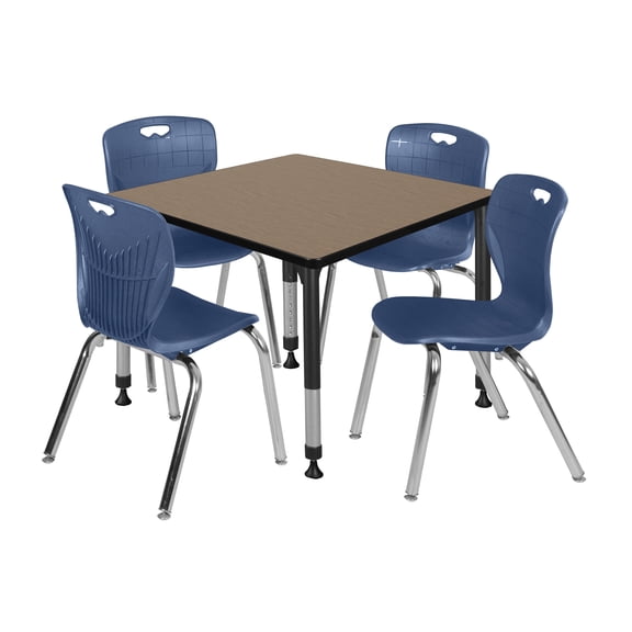 Romig Trek 36 in. Square Adjustable Classroom Table- Noble Oak Top, Black Base & 4 Andy 18 in. Blue Stack Chairs