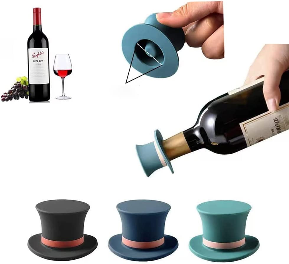 Wine Bottle Stopper Silicone,Funny Red Wine Stopper Novelty Wine  Stoppers,Reusable Wine Saver,Gentleman Hat Reseal Beer Saver for Wine,Beer,Champagne,Soda,Homebrew,Beverage  Kitchen Gadgets（3Packs） 