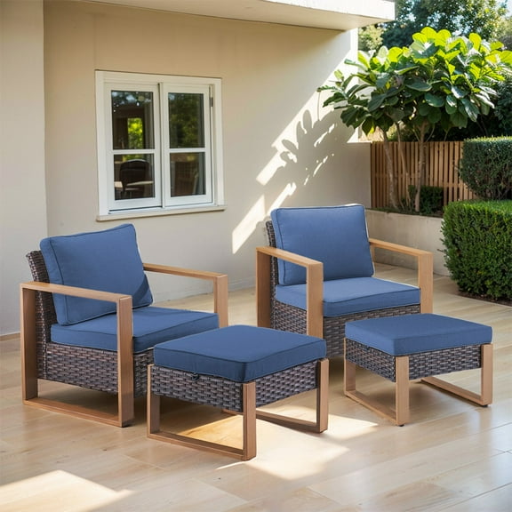 PARKWELL 4-Piece Patio Wicker Lounge Chairs with Soft Cushions,Ottoman Seat Foot Rest,Outdoor All-Weather Rattan Conversation Seating Furniture Set for Deck or Garden,Navy