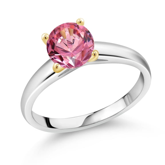 Gem Stone King 925 Silver and 10K Yellow Gold Ring Solitaire Ring Set With 7mm Round Fancy Pink Zirconia (Size 6)