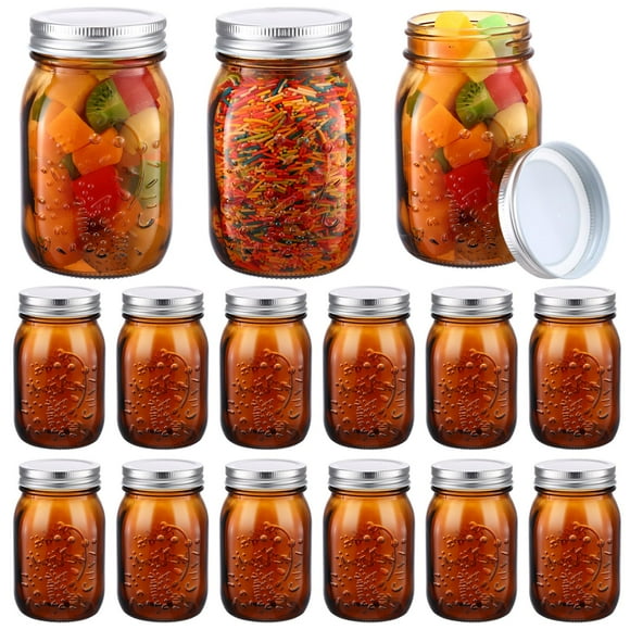 Yaomiao 12 Pack Amber Mason Jars 16 oz Glass Mason Jars Pint Bulk Wide Mouth with Airtight Lids Storage Containers for Canning Pickle Food Fermenting Preserving Beverage DIY Crafts Deco