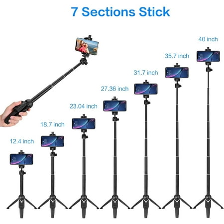 QiShi 40 Bluetooth Selfie Stick & Tripod - Extendable Phone Stand with Remote for iPhone/Android/Samsung