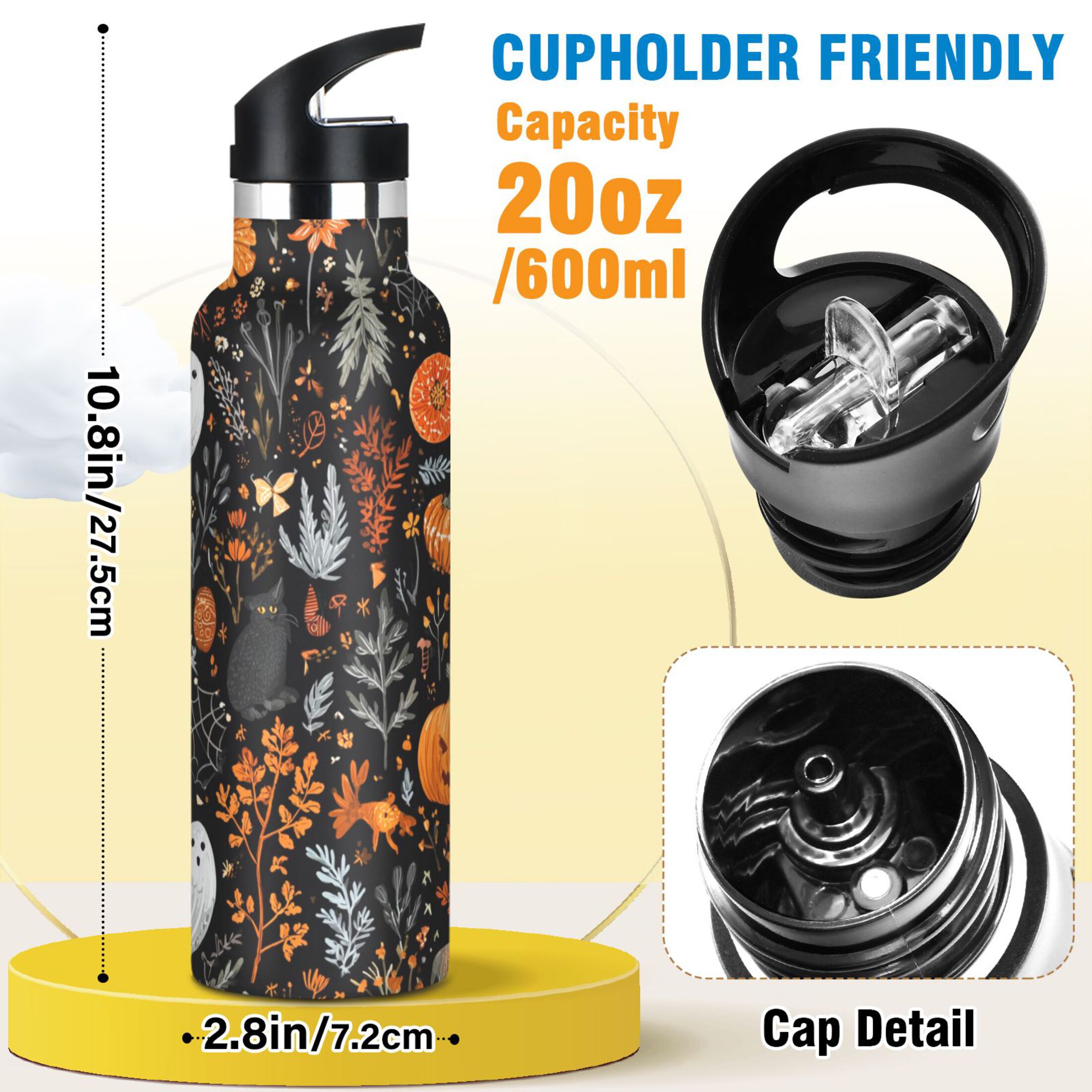 600ML Stainless Steel Insulated Cup Sports Water Bottle Portable Thermos Cup Water Glasses Insulated Tumblers Convenient and Durable Halloween Pattern Cute