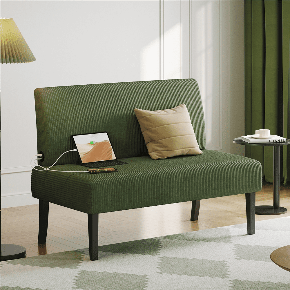 Yaheetech Corduroy Armless Loveseat with Strong Rubberwood Legs & USB Ports, Green