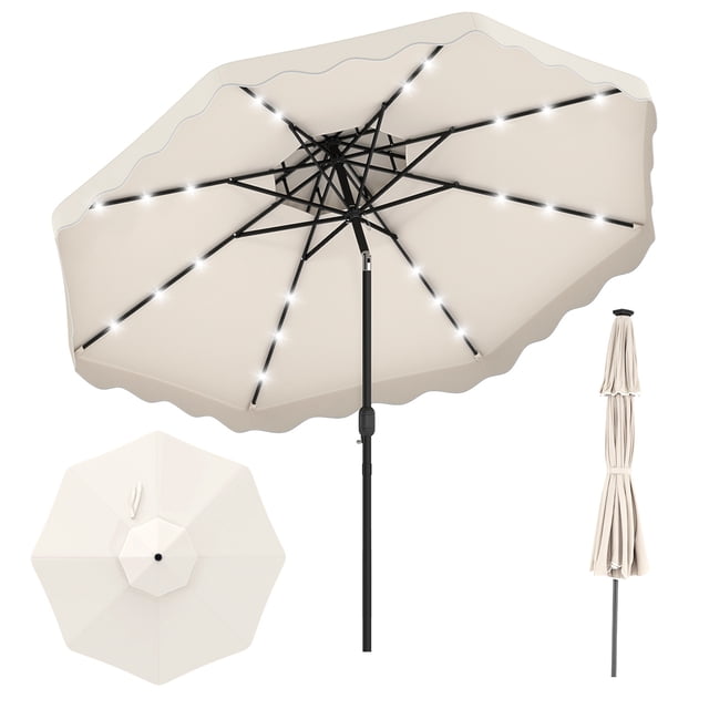 Costway 10 FT Solar LED Patio Umbrella, Push-Button Tilt & Crank, 24 LED Lights & 8 Ribs Beige