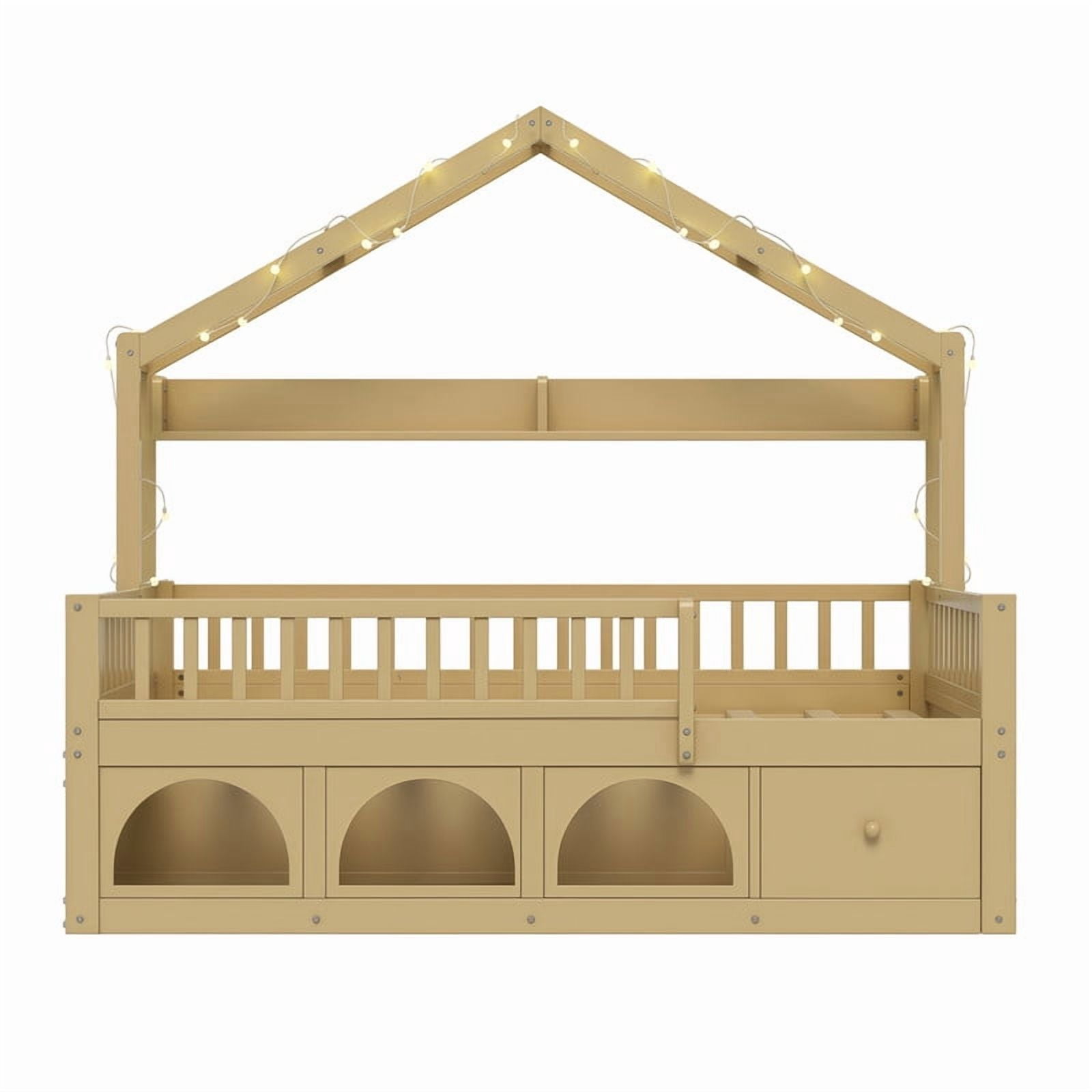 Full Size Kids Montessori Floor Bed Frame with Guardrail & Drawer, Children House Platform Bed with LED Light & Small Cat Bed