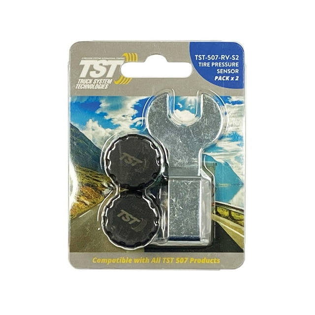 Truck System Technology Tire Pressure Monitoring System - TPMS Sensor TST-507-RV-S2 507 Series, designed for RVs, campers, and trailers. Includes two screw-on cap-style sensors, installation wrenches, and an anti-theft design. The water-resistant sensors transmit pressure and temperature data every 5 minutes and are compatible with metal or rubber valve stems. Features a large, easy-to-read display and tools for simple installation.
