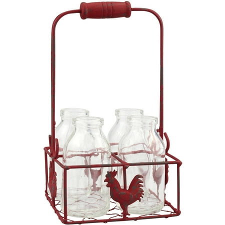 Ceramic Milk Bottle - Small Milk Bottles in Metal Rooster Container with Wood Handle, 4 Bottles