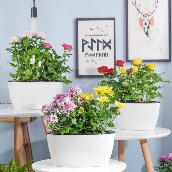 Sungmor Set of 3 Self-Watering Planter Pots - Modern White Plastic Flower Pots for Indoor Plants - Oval Indoor/Outdoor Planters with Water Reservoir, Home & Office Decor