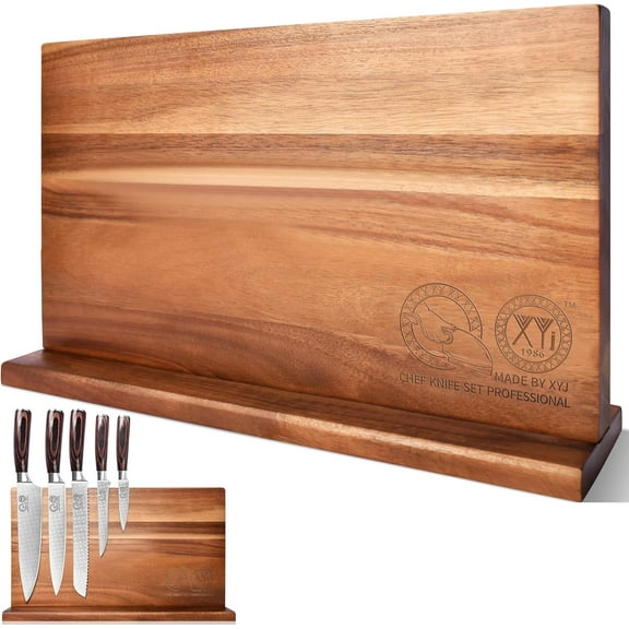 Extra Large Magnetic Knife Block Acacia Wood Knife Set Holder Stand With Stronge Magnetic Strip Kitchen Knives Storage Rack Organizer Tools No Drilling