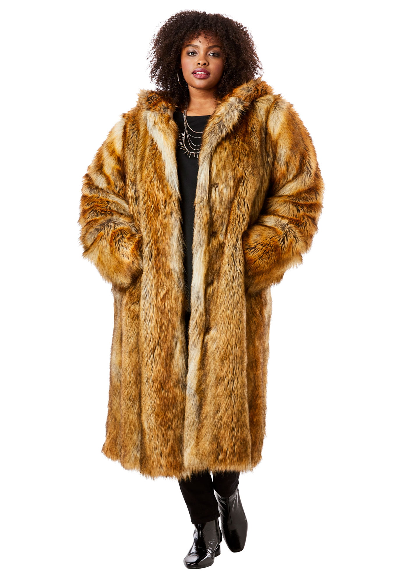Roaman's Women's Plus Size Full Length Faux-Fur Hood Coat - Walmart.com