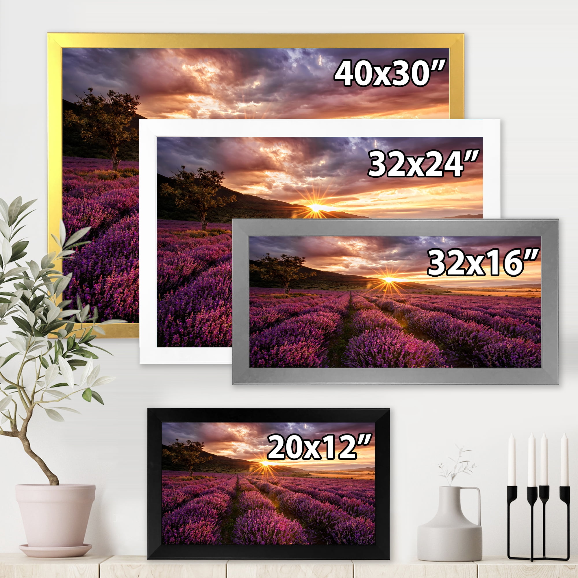 Designart 'Dramatic Clouds and Sunrise Over Lavender Field IV' Farmhouse Framed Art Print