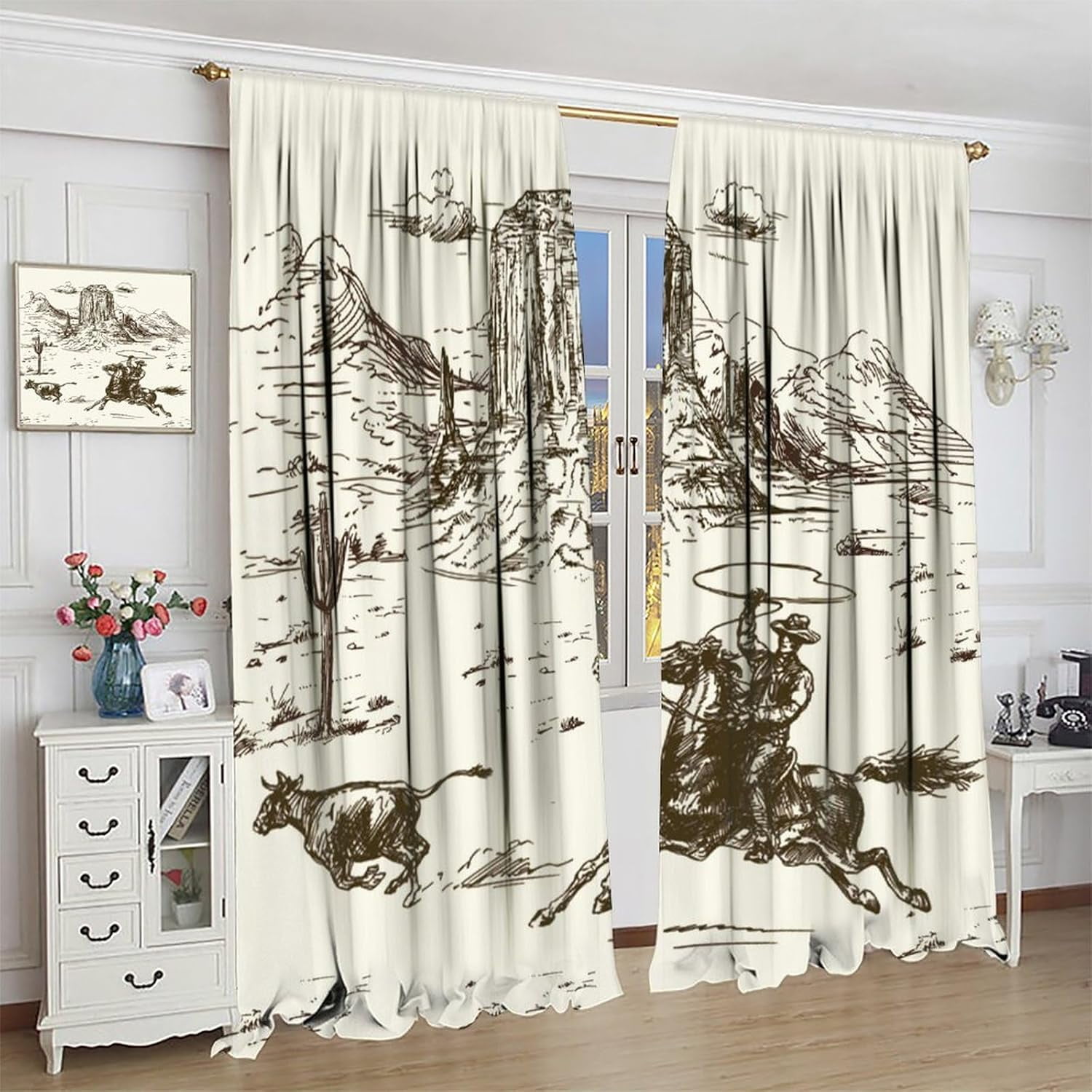 Vintage American Wilderness Western Cowboy Blackout Curtains for Bedroom,Sketch Style Western Cowboy Cacti Room Darkening Window Curtains with Rod Pocket - 2 Panels 84" L x 42" W