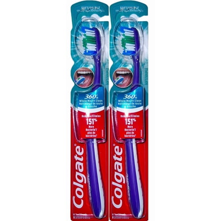 Colgate 360 Whole Mouth Clean Toothbrush, Soft Compact Head (Colors Vary) - Pack of 2